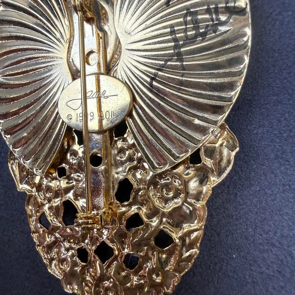 Jane Vintage 1999 Rhinestone Brooch Faux Opal Fan Bow Victorian Gold Tone Pin